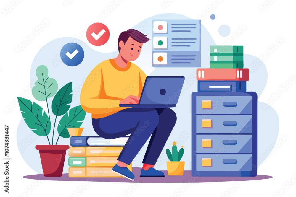 Poster a man sits on stacked books, using a laptop to back up data while surrounded by storage solutions an