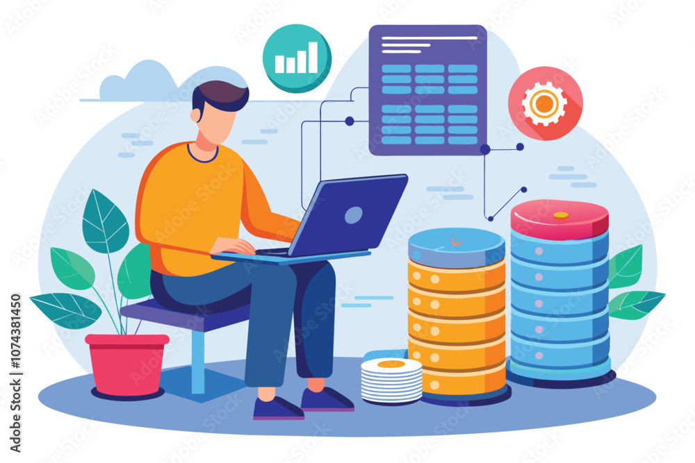 Poster a man is focused on using his laptop to backup a database, surrounded by colorful visuals, man using