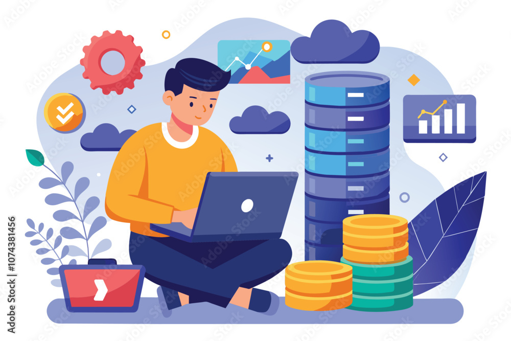 Poster a man operates a laptop in a colorful digital setting focused on backing up a database with charts, 