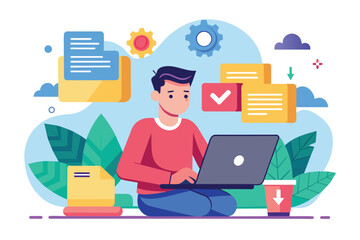 A man is focused on his laptop, downloading and transferring files in a vibrant indoor setting, Man using laptop to download and transfer files, flat illustration.