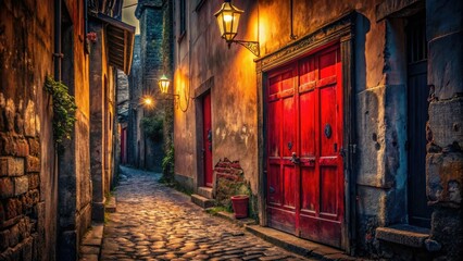 Fototapeta premium Old Red Door in Low Light - Atmospheric and Mysterious Urban Scene