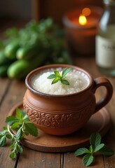 Traditional Ayran Yogurt Drink Refreshingly Served in Rustic Clay Cup with Fresh Mint