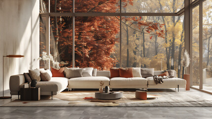 Themed living room with large glass windows version 45
