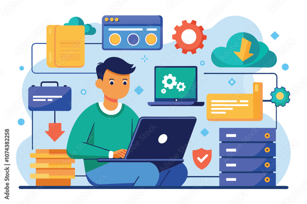 Poster a man is focused on syncing data online using his laptop in a modern workspace environment man using