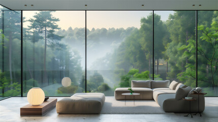 Themed living room with large glass windows version 44