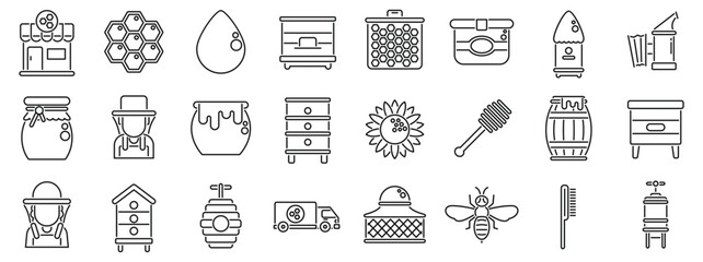 Apiculture business icons set. Essential icons representing various aspects of beekeeping, from honey production and beehive maintenance to the tools and equipment used by beekeepers