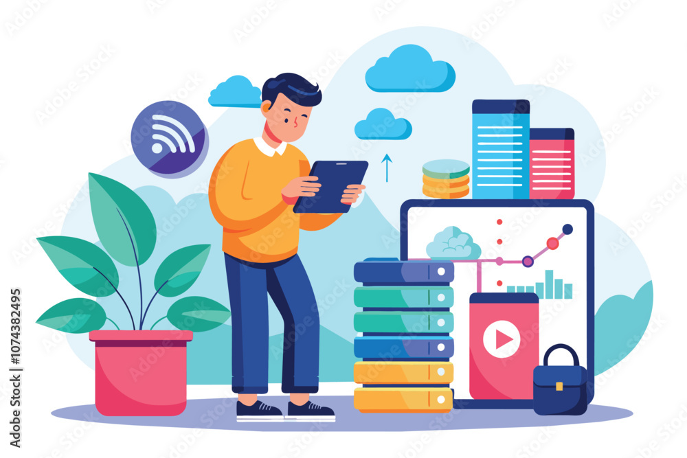 Poster a man is engaged in backing up database information using his mobile device in a contemporary office