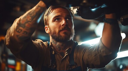 Mechanic working on vehicle, focused expression, workshop environment.