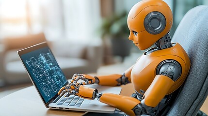 The orange robot is securely seated on a comfortable chair, diligently working on a laptop screen, while utilizing generative AI algorithms to autonomously generate new and innovative solutions.