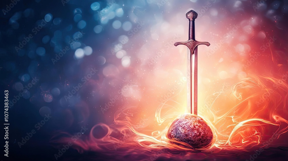 Poster sword embedded in a glowing stone, mystical background with light effects.