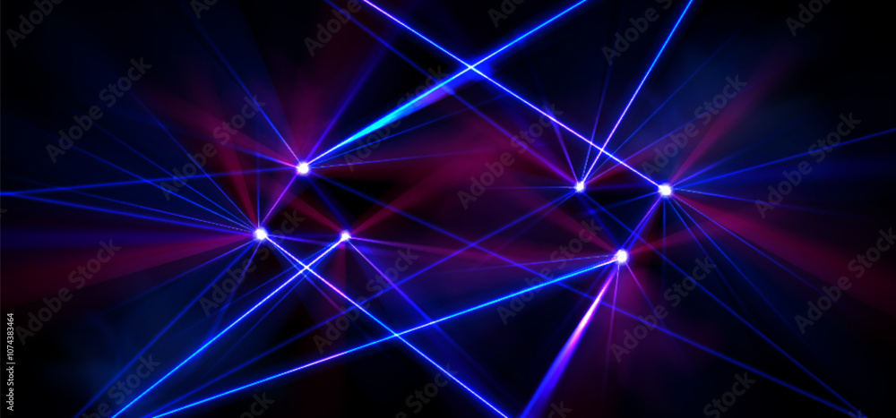 Poster laser show display with bright neon light beams crossing in geometric patterns on black background. 