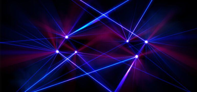 Laser show display with bright neon light beams crossing in geometric patterns on black background. Electric luminous blue and pink rays. Realistic dynamic setup for concert stage performances.