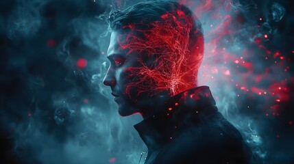 Side profile of a man with transparent head, glowing red neural visuals inside, futuristic energy flowing around, dark sci-fi background, cyberpunk, glow effects, digital painting