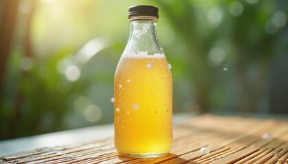 Refreshing Yellow Beverage in Glass Bottle Against Blurred Green Background