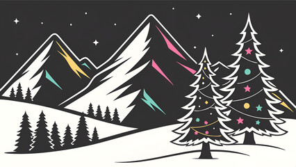 Stylish 3D wallpaper with black winter background, colorful mountains, and Christmas trees, ideal for creating a luxurious holiday ambiance."
