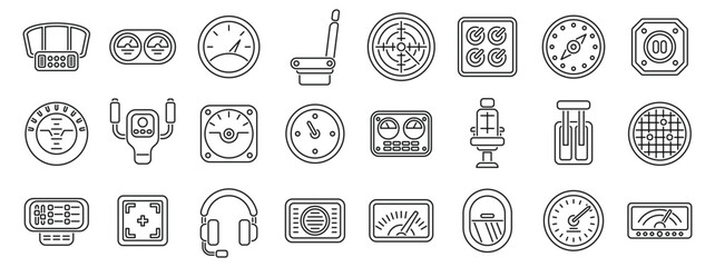 Airplane cockpit icons set. Airplane cockpit panel icons displaying various instruments, including speedometer, altimeter, artificial horizon, clock, seat, switches, headset, and digital instruments
