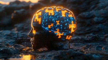 Silhouette of a head with golden puzzle pieces interlocking, glowing blue brain activity patterns inside, futuristic holographic interface, soft neon lighting, ultra-realistic