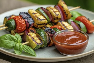 Savory grilled vegetables skewered on a plate with dipping sauce, outdoor picnic setting, vibrant colors, natural sunlight enhancing freshness