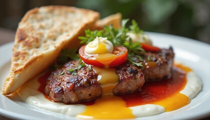 Juicy Grilled Steak with Colorful Sauces Served on White Plate with Bread