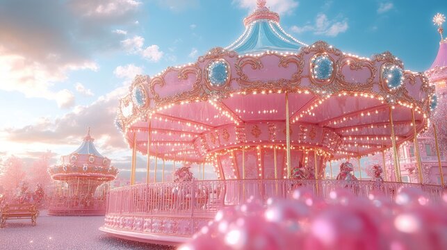 A pink carousel with golden lights at sunset.