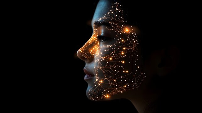 Silhouetted face, brain mapped with illuminated circuit patterns, representing digital intelligence and evolving human cognition in the tech age