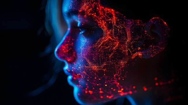 Silhouetted face, brain mapped with illuminated circuit patterns, representing digital intelligence and evolving human cognition in the tech age