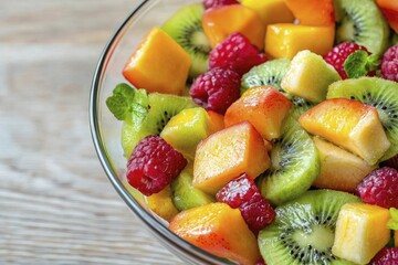 Vibrant fruit salad arranged artistically in a clear bowl, summer theme, bright colors, soft shadows creating depth