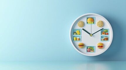Abstract representation of a clock with food icons, highlighting eating windows. 3D illustration featuring subtle gradients and minimal details.