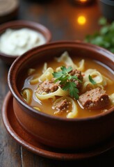 Hearty Meat Soup with Noodles Comforting Warmth in Rustic Bowl