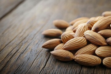 Almonds, strewn across a weathered wooden surface, illuminated by soft natural light, digital artwork.