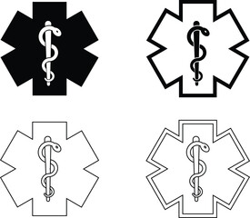 Star medicine with caduceus snake icon set. Emergency medical black flat and line vector collection isolated on transparent background. Pharmacy symbol health care sign for hospital ambulance 