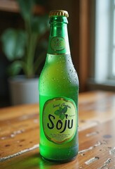 Green Soju Bottle Refreshingly Chilled on Wooden Table