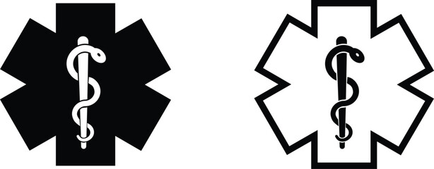 Star medicine with caduceus snake icon set. Emergency medical black flat and line vector collection isolated on transparent background. Pharmacy symbol health care sign for hospital ambulance 