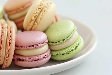 Vibrant macarons, beautifully displayed on a platter, trendy caf&eacute;, whimsical 3D animation.