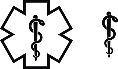 Star medicine with caduceus snake icon set. Emergency medical black flat and line vector collection isolated on transparent background. Pharmacy symbol health care sign for hospital ambulance 