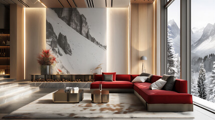 Themed living room with large glass windows version 29