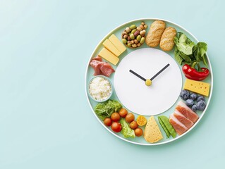 Food items arranged in a circle around a clock face, signifying meal timing. Flat illustration with gentle tones and straightforward design.