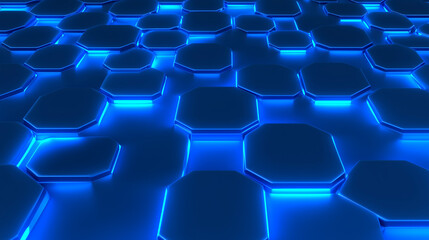 Obraz premium Glowing Hexagon Pattern, Blue Neon Lights, Abstract Background