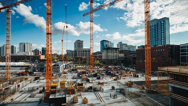 Drone view of Mega construction on the sunset with plenty of cranes