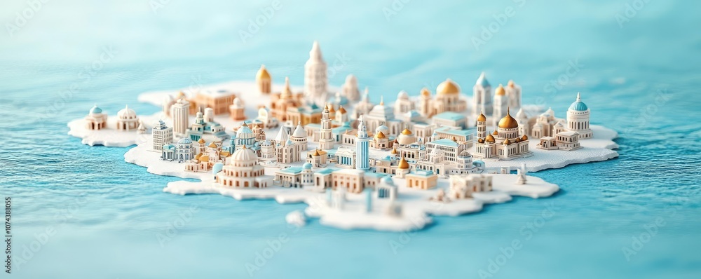 Poster miniature city model on water background with detailed structures and architecture.