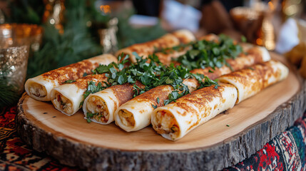 Cheese blini rolls with herb garnish, served on a wooden platter, festive Russian table setup