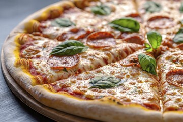 Gourmet pizza, loaded with toppings, vibrant pizzeria