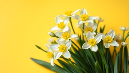 Fototapeta premium White and yellow spring flowers on yellow background with copy space