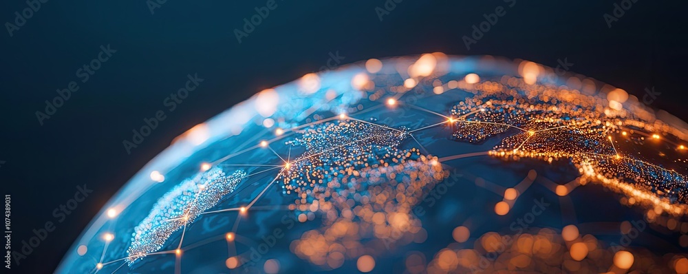Aufkleber close-up view of a digital globe highlighting interconnected networks.