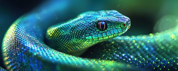 Fototapeta premium Close-up of iridescent blue and green snake scales