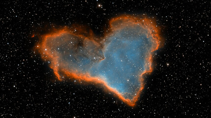 Vibrant heart-shaped nebula glowing in the vast darkness of deep space with cosmic clouds and star clusters in perfect image for themes of love, mystery, and the infinite beauty of the universe