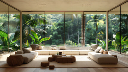 Fototapeta premium Themed living room with large glass windows version 6