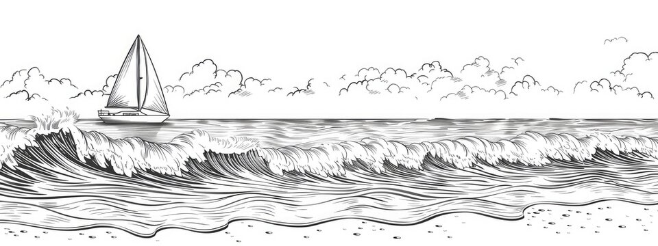 Panoramic view with sea waves. Sailboat float in the background. Sketch illustration.