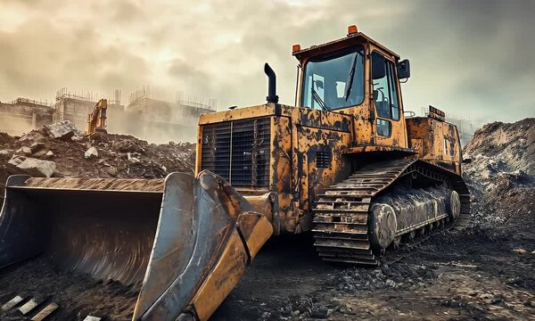 A bulldozer on a construction site, preparing the land for building projects.