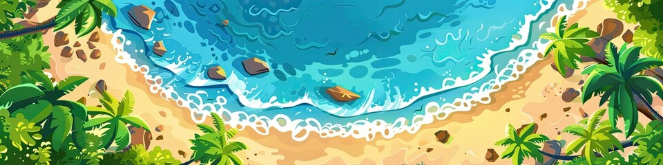Obraz premium Top view of the coast of a tropical island. Cartoon illustration.